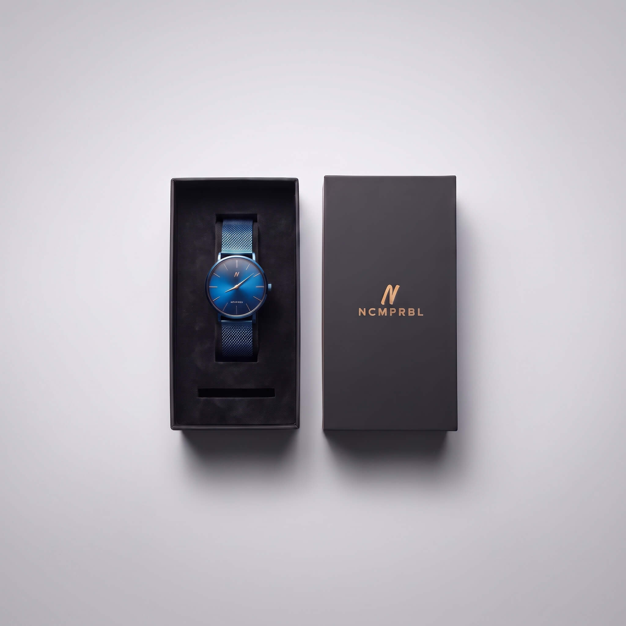 Advance Midnight Blue watch 36MM with packaging box, blue sunburst dial and mesh strap, try NCMPRBL virtual watch on