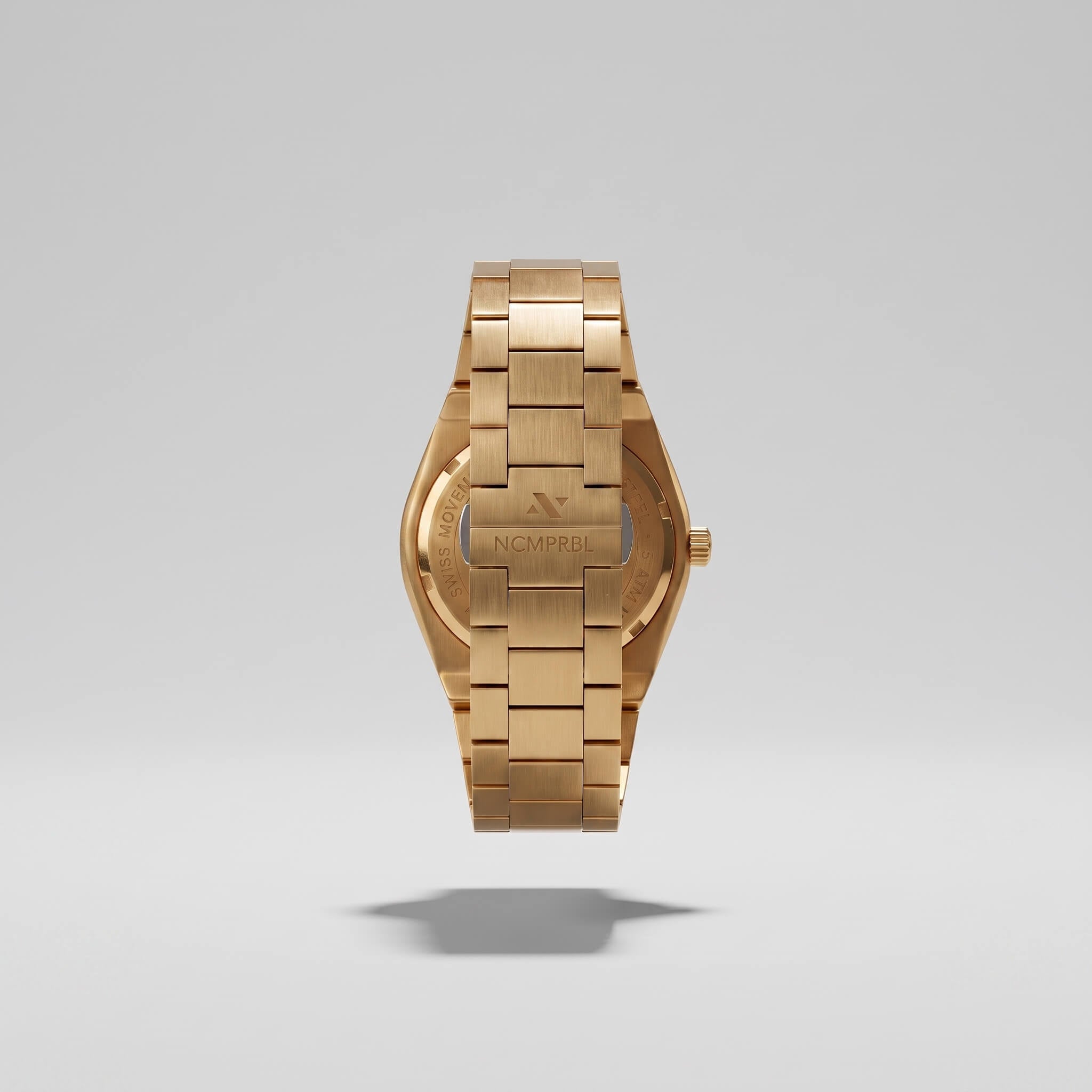 Back of Elevate Link Mocha 42mm rose gold Swiss quartz watch showing caseback