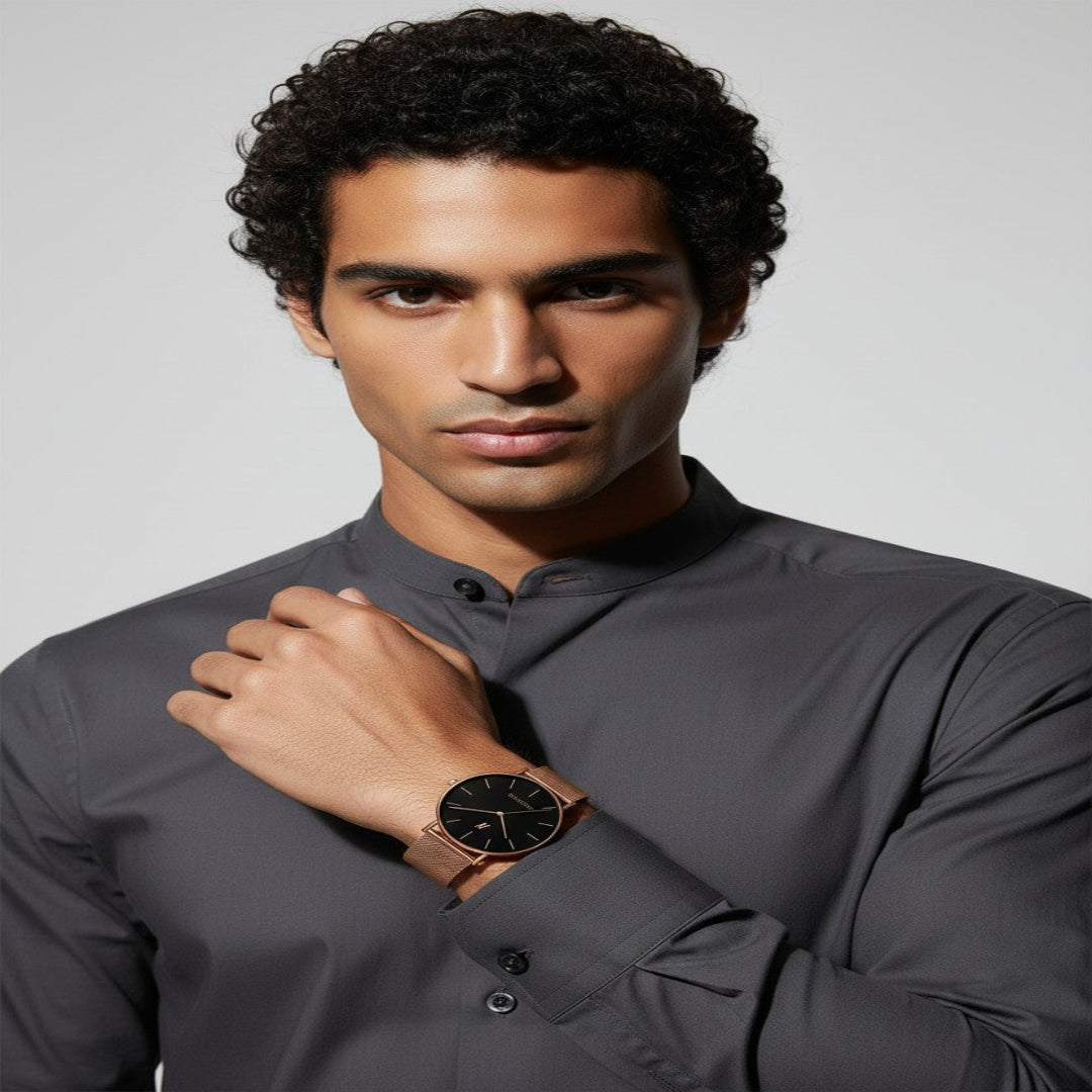 Man wearing a gray shirt and Advance CRWN Quartz Movement Watch 40mm with a neutral background