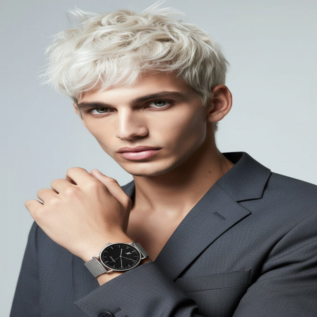 Man with styled hair wearing a gray suit and Advance night cap quartz movement watch 40mm against a light gray background