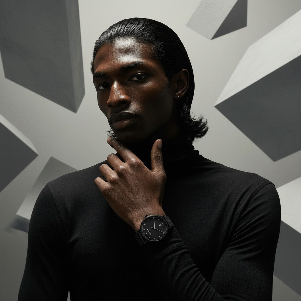Man wearing a black turtleneck and advance black sands watch against a geometric-patterned wall
