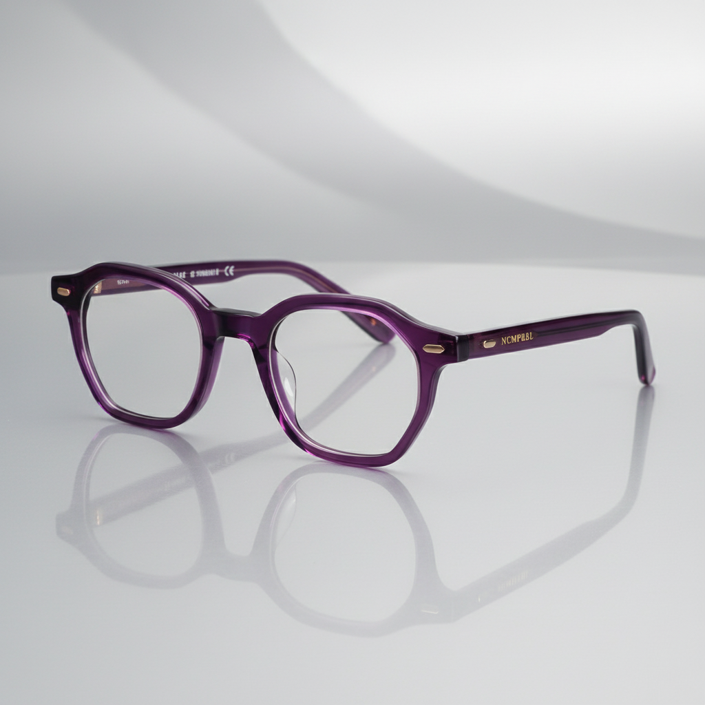 haze 46mm geometric eyeglasses -smoke violeteyeglasses on a reflective surface with a light gray background
