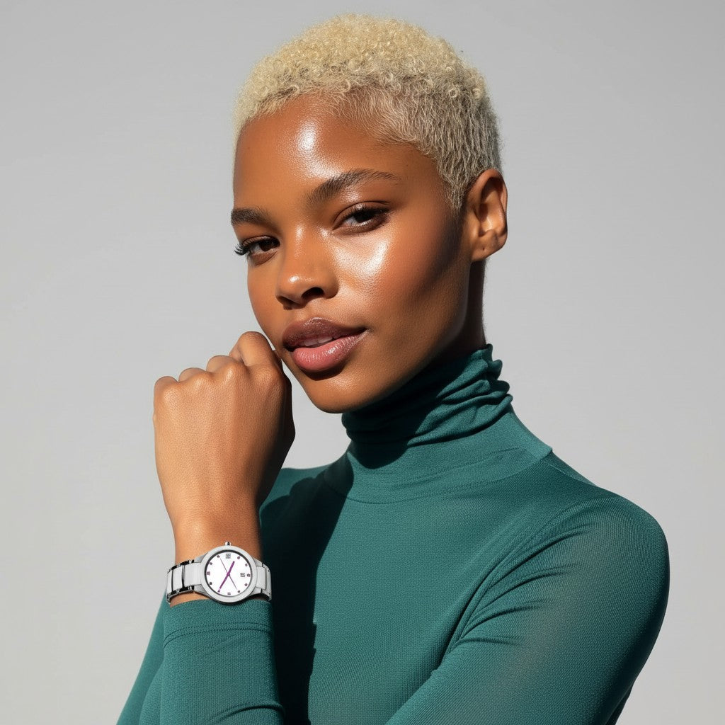 Woman wearing a green turtleneck and purple reign ceramic womens watch in white/purple/silver against a gray background