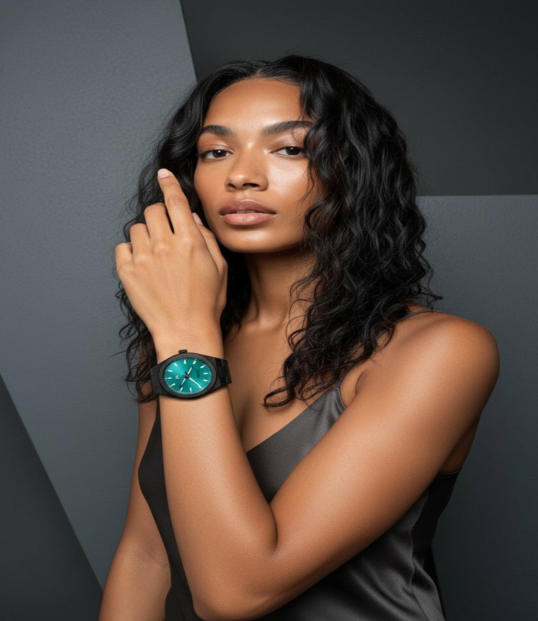 Woman wearing a elevate link maldives swiss movement 42mm watch with a dark background