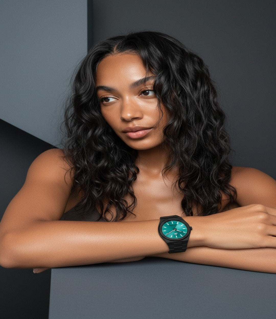 Woman wearing a black turquoise elevate link maldives swiss movement 42mm watch on a dark background