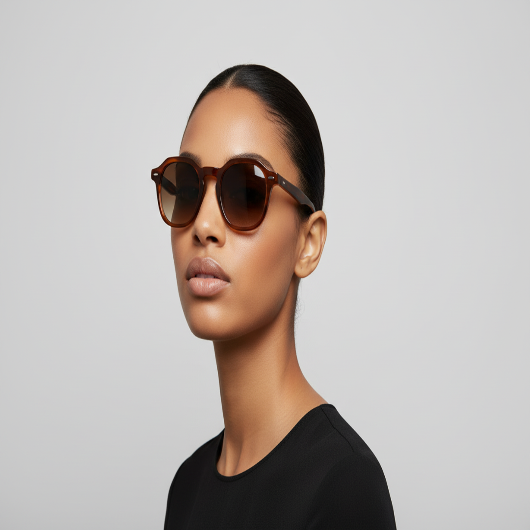 Woman wearing oakwood 46mm geometric eyeglasses with brown sunglass tint against a plain background