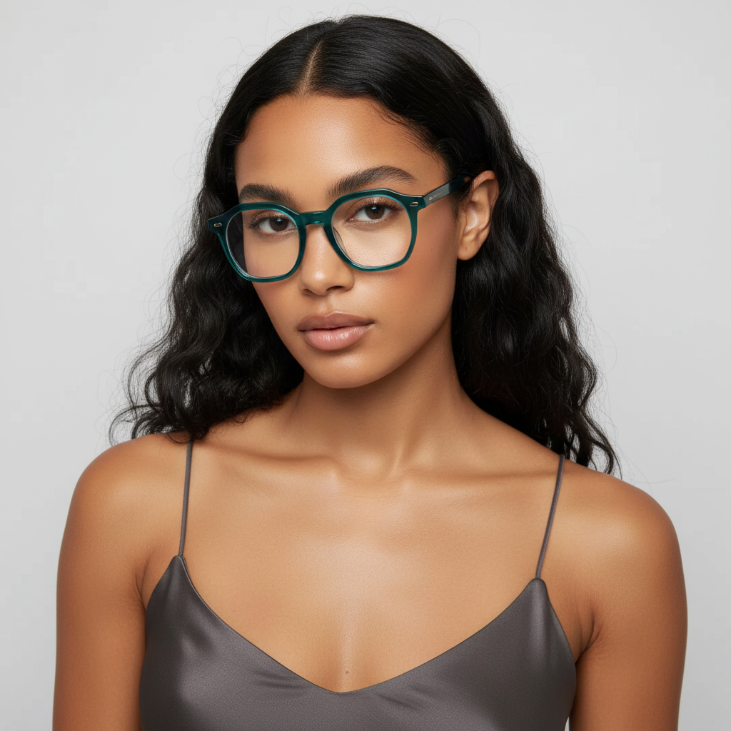 Woman wearing Manifest geometric eyeglasses in emerald green and a gray top against a light gray background