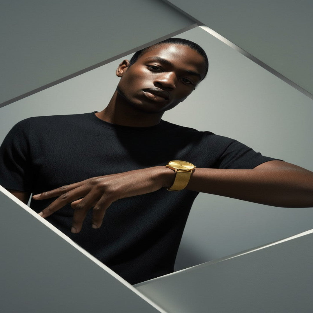 Man wearing a black shirt and advance no limit quartz movement gold watch 36mm against a geometric background