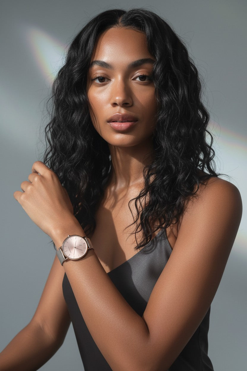 Woman wearing a gray slip dress with a advance blush quartz movement watch 36mm in blurred background
