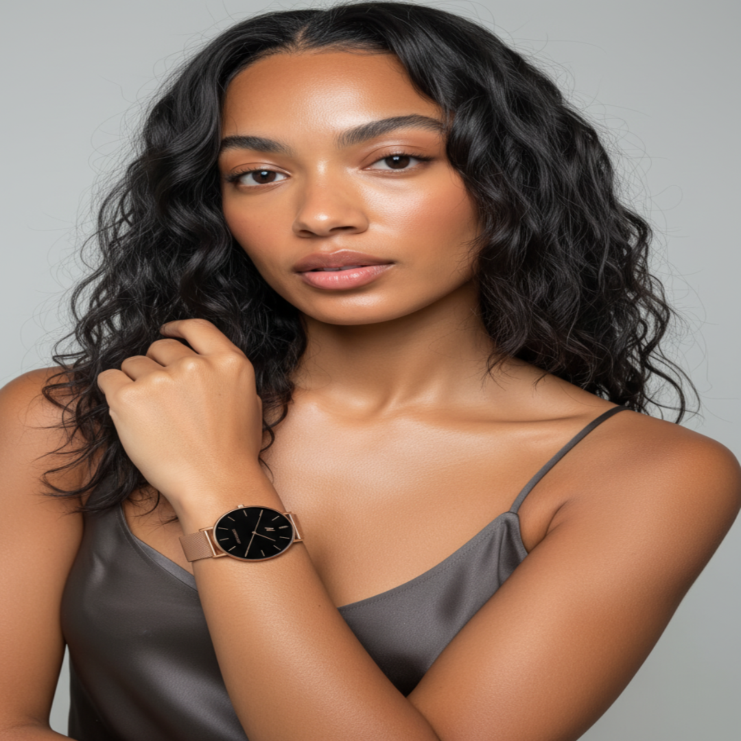 Woman wearing advance crwn rose gold/ black wristwatch on a gray background