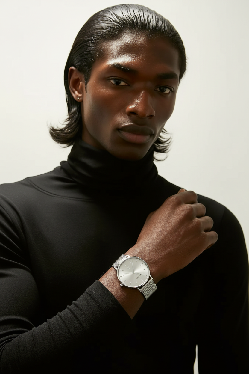 Man wearing a black turtleneck and advance chrome quartz movement 36mmwatch on a white background