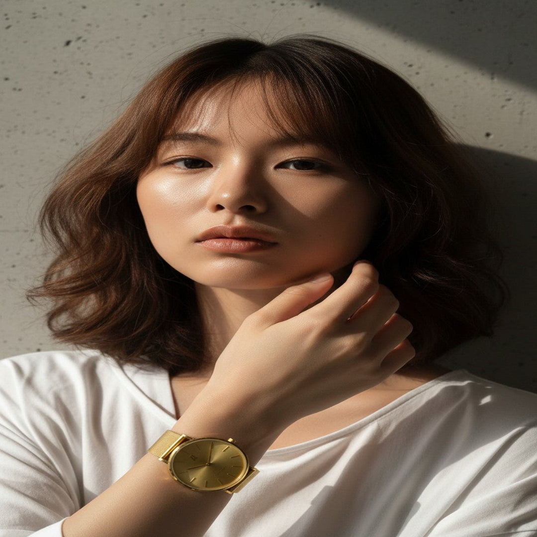 Woman wearing a gold advance no limit quartz movement watch 36mm against a concrete wall