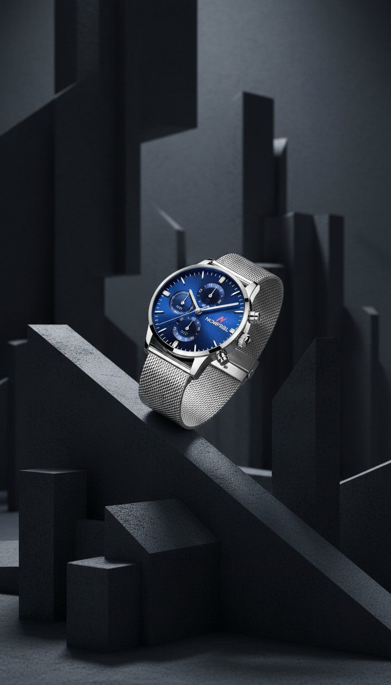 Blue Face Prolific 42 43MM Mens Chrono Mesh Watch In Silver/Blue - NCMPRBL