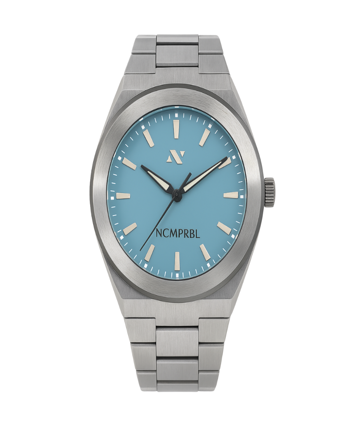 Silver watch with a blue face on a white background