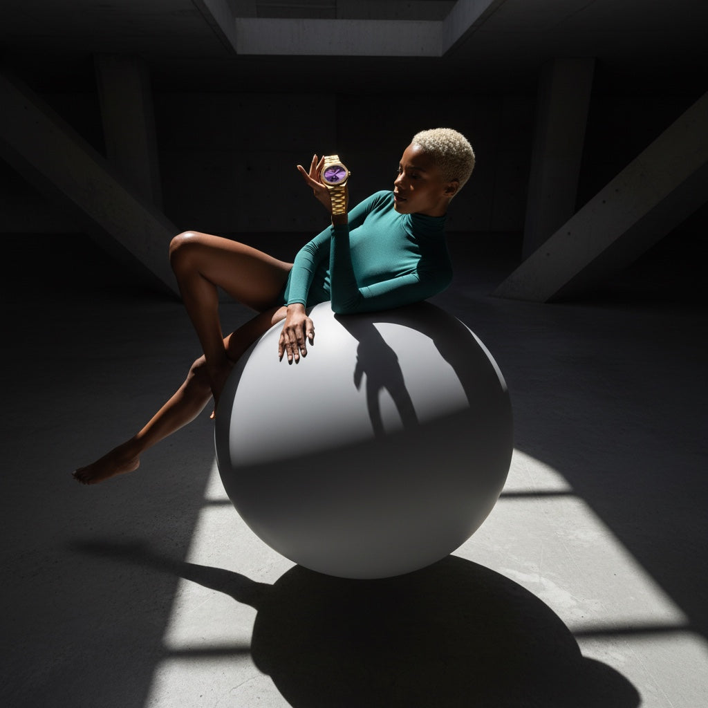 Person in teal outfit sitting on a white sphere with a dark background with Elevate Link Peri Swiss Movement Watch, 42MM