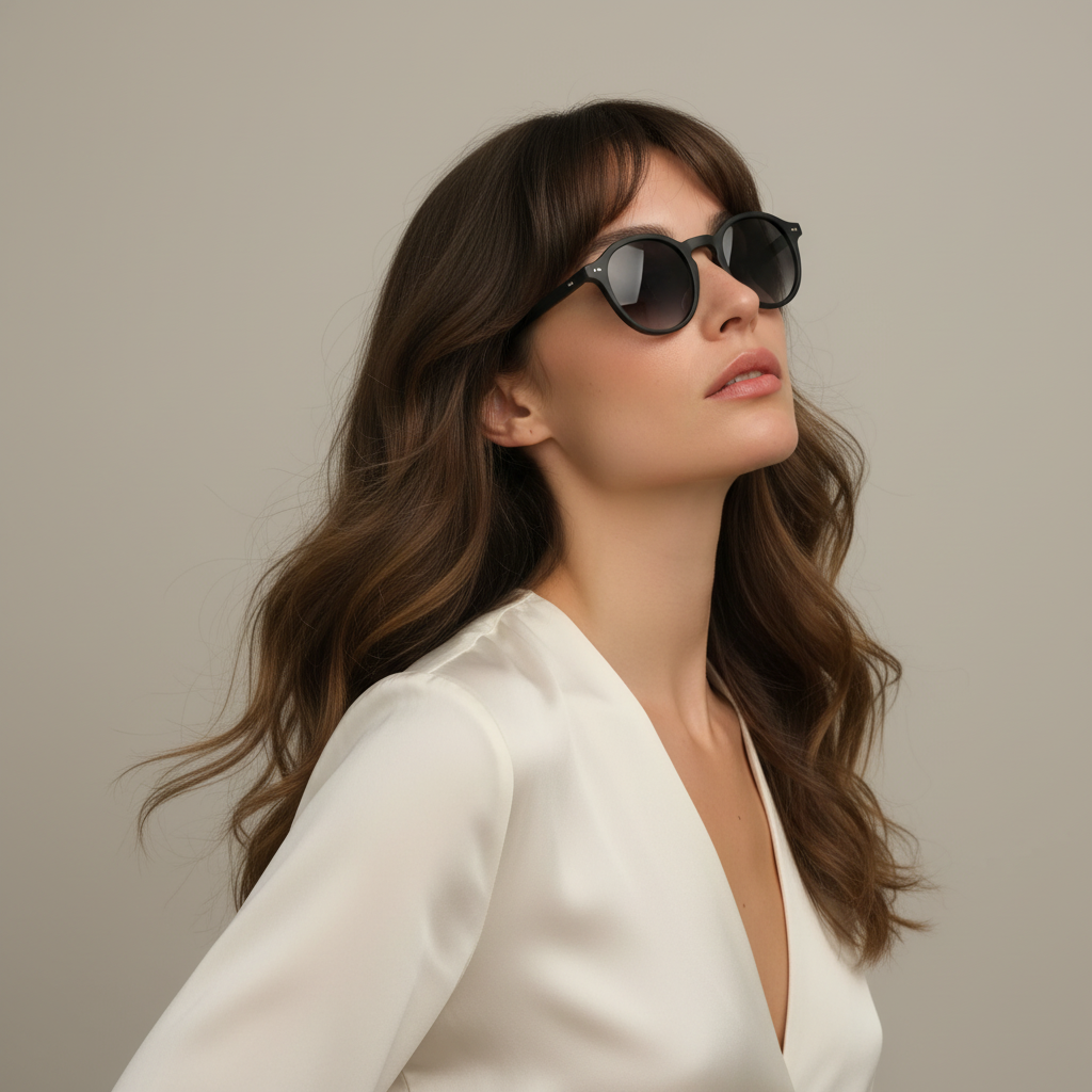 Woman wearing focused geometric eyeglasses in black sunglasses tint and a white outfit against a neutral background