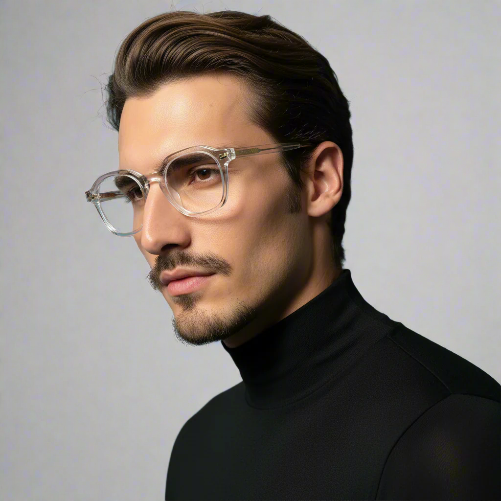 Man wearing CLEARVIEW 46mm geometric eyeglasses and a black turtleneck against a blue background