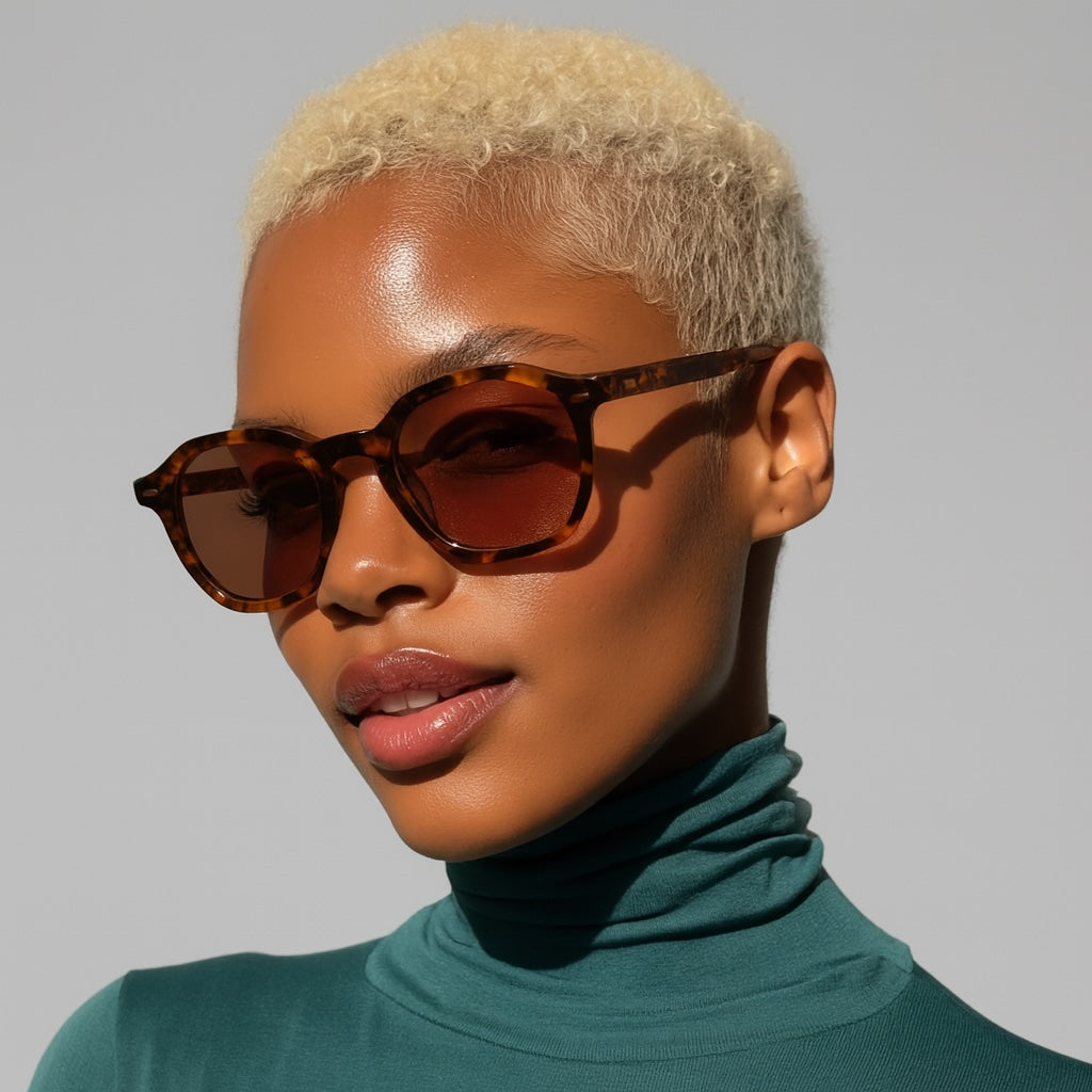 Person wearing sunglasses and a teal turtleneck against a gray background