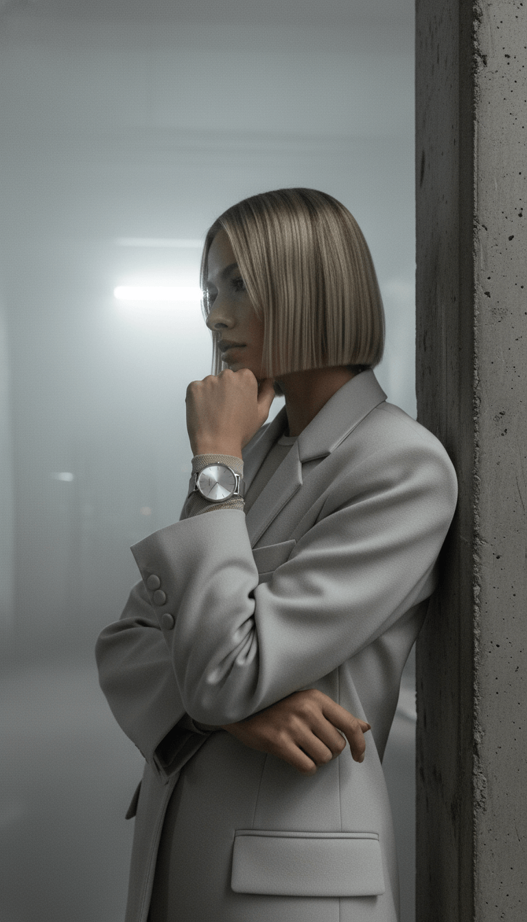 Person in a light gray suit in advance hushed silver 36mm leaning against a wall with a neutral expression.