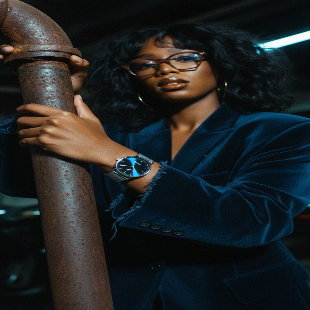 Person wearing a blue outfit and glasses, holding a rusted metal pipe in advance midnight blue.