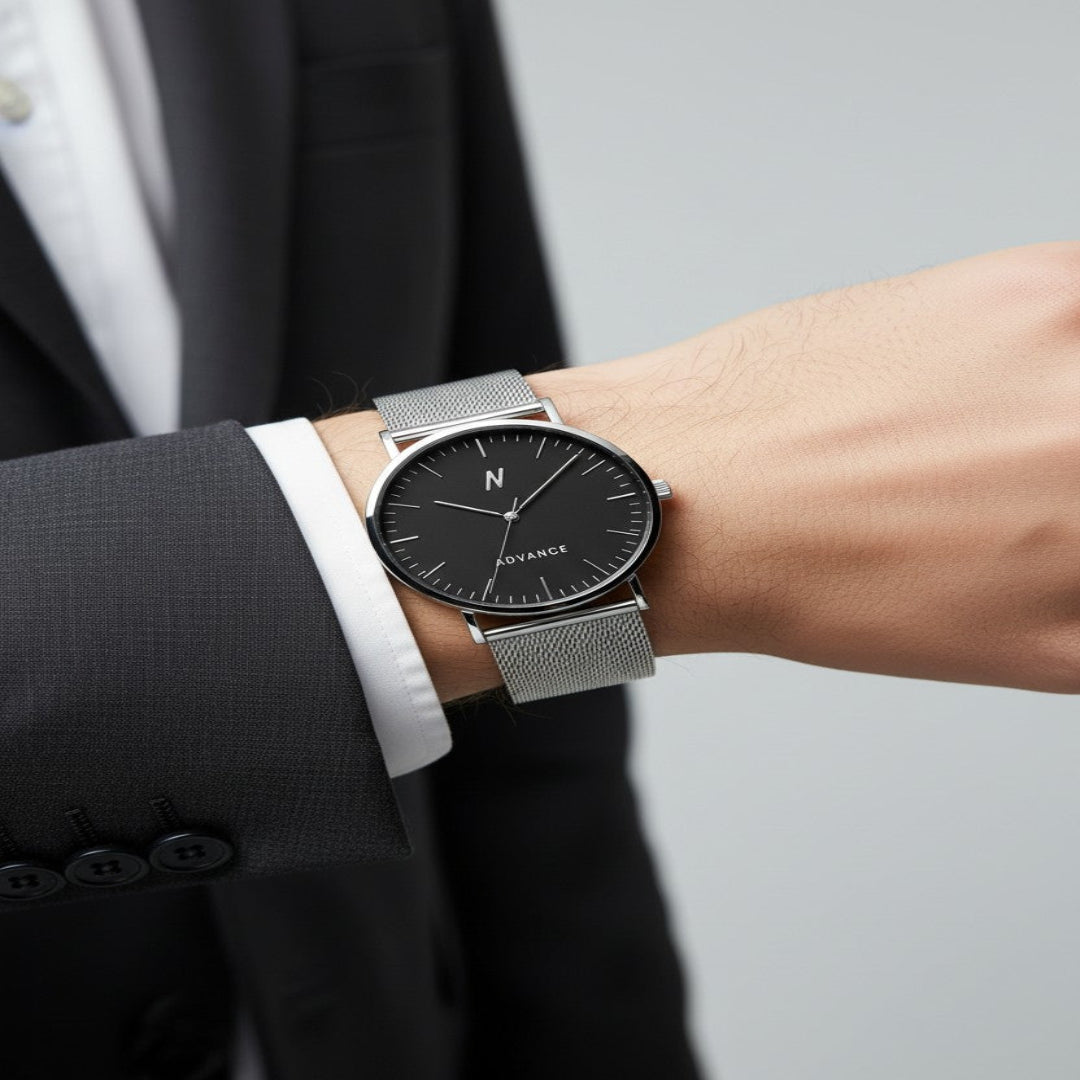 Person wearing a black watch with a silver mesh band Man with styled hair wearing a gray suit Advance night cap quartz movement watch 40mm against a light gray backgroundon a blurred background
