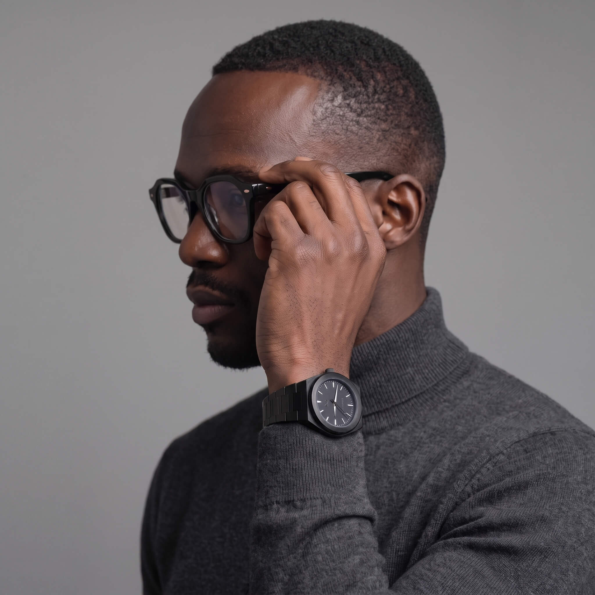 Close-up of Elevate Link Phantom unisex black matte luxury watch dial