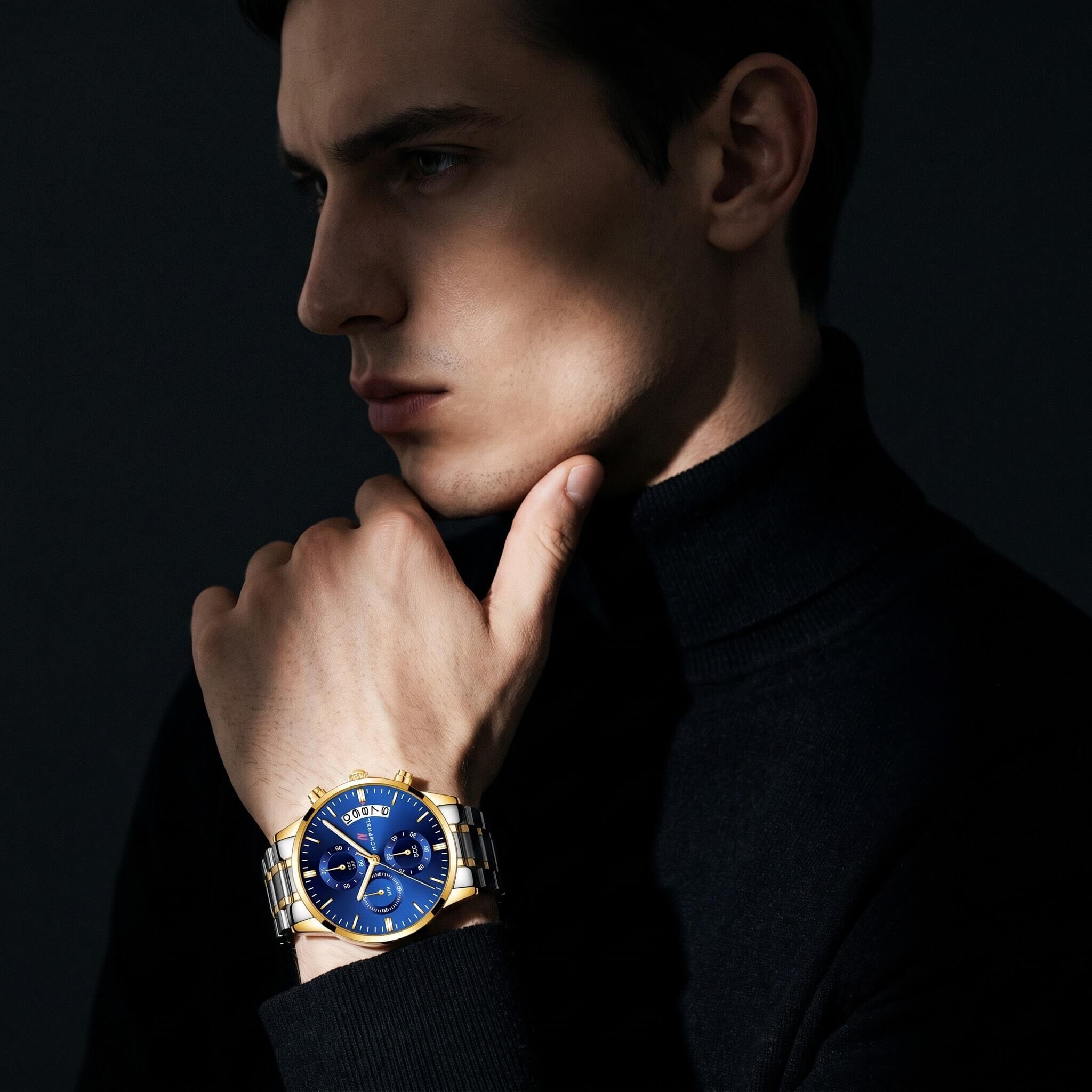 Chrono Blue Face Fab Five 43MM Mens Watch In Silver/Gold/Blue