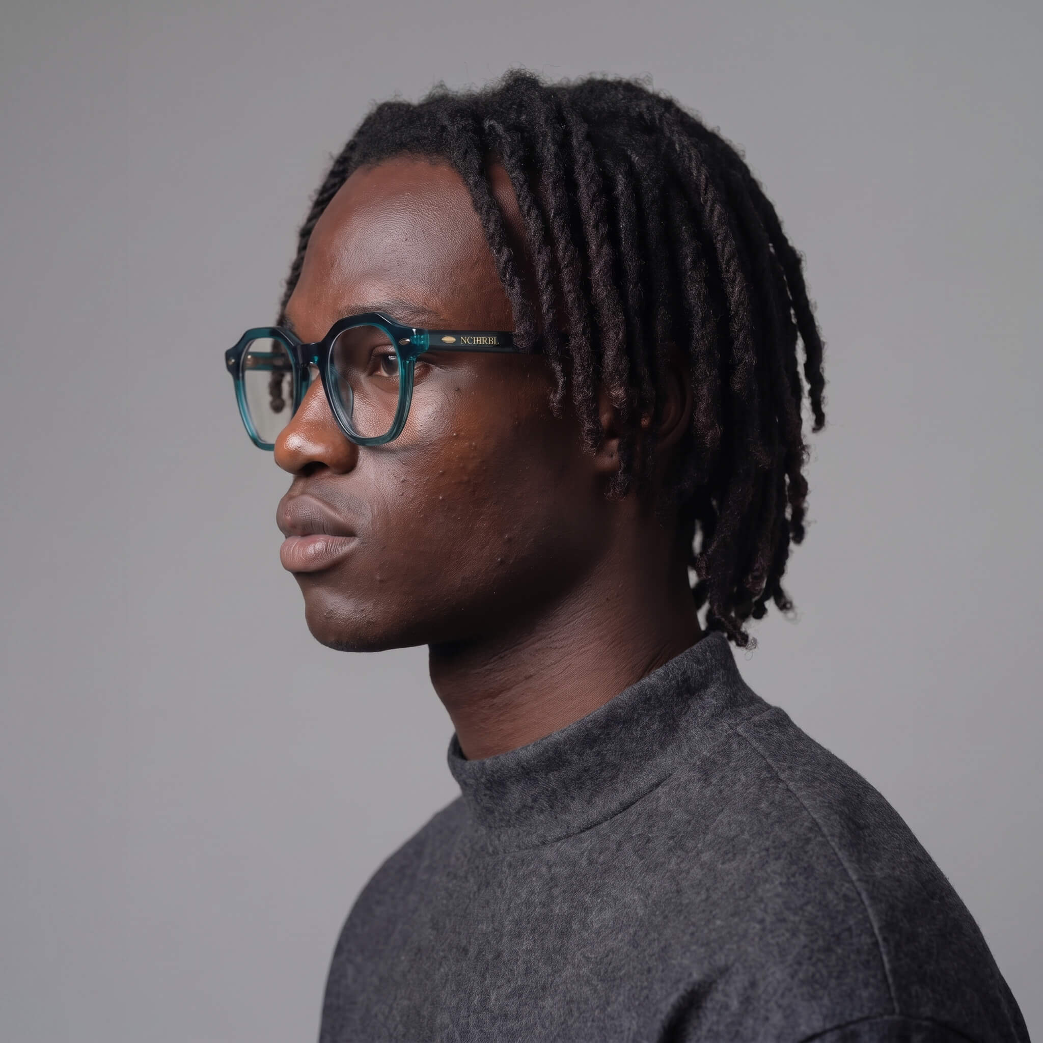 A man in profile wearing manifest geometric eyeglasses with a translucent deep evergreen teal frame and a dark gray turtleneck sweater, set against a solid gray studio background.