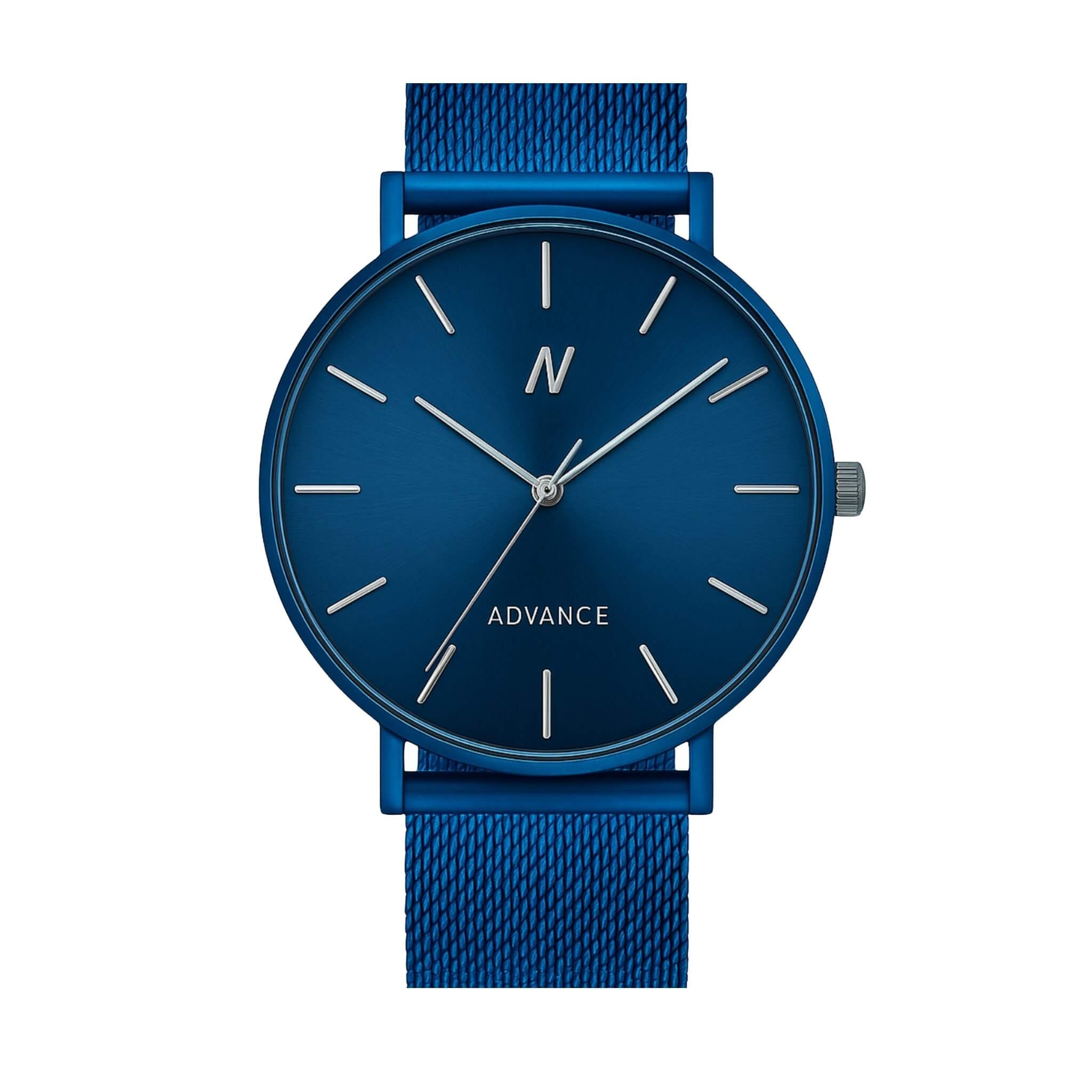 Advance Midnight Blue Quartz watch 36MM with silver case and blue mesh band on white background, try virtual watch on