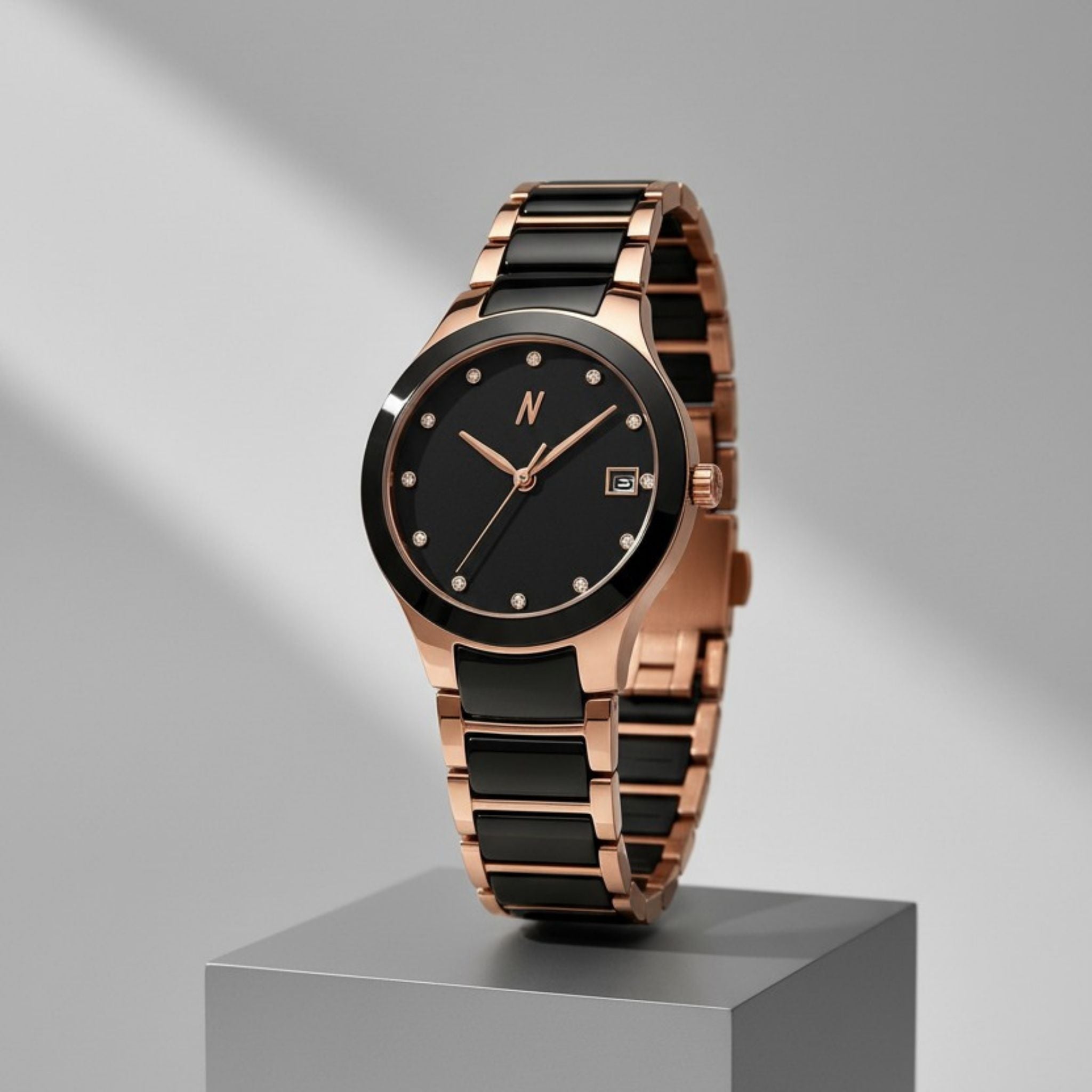 NCMPRBL Petite Link Miracle Quartz Ceramic Watch, 34mm, Black and Rose Gold