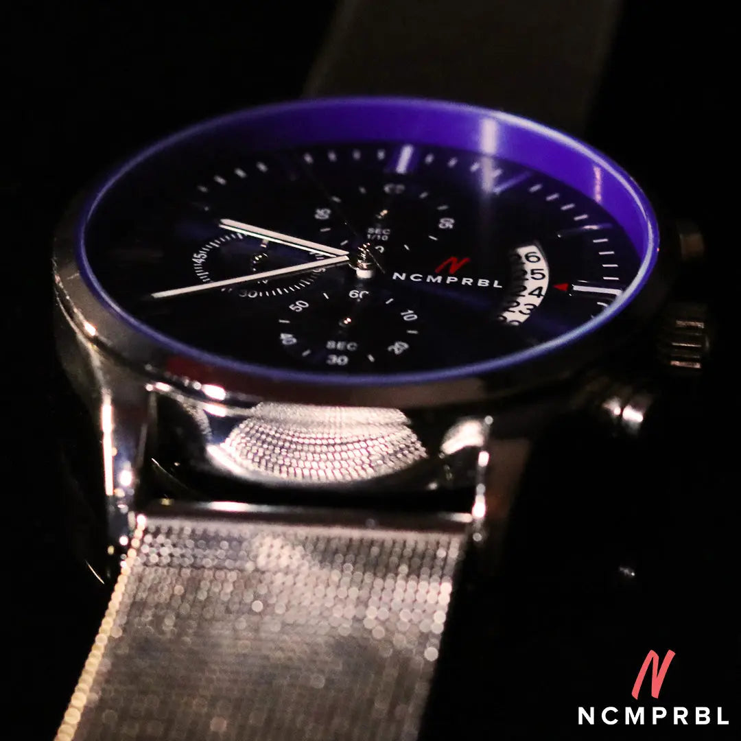 Blue Face Prolific 42 43MM Mens Chrono Mesh Watch In Silver/Blue NCMPRBL