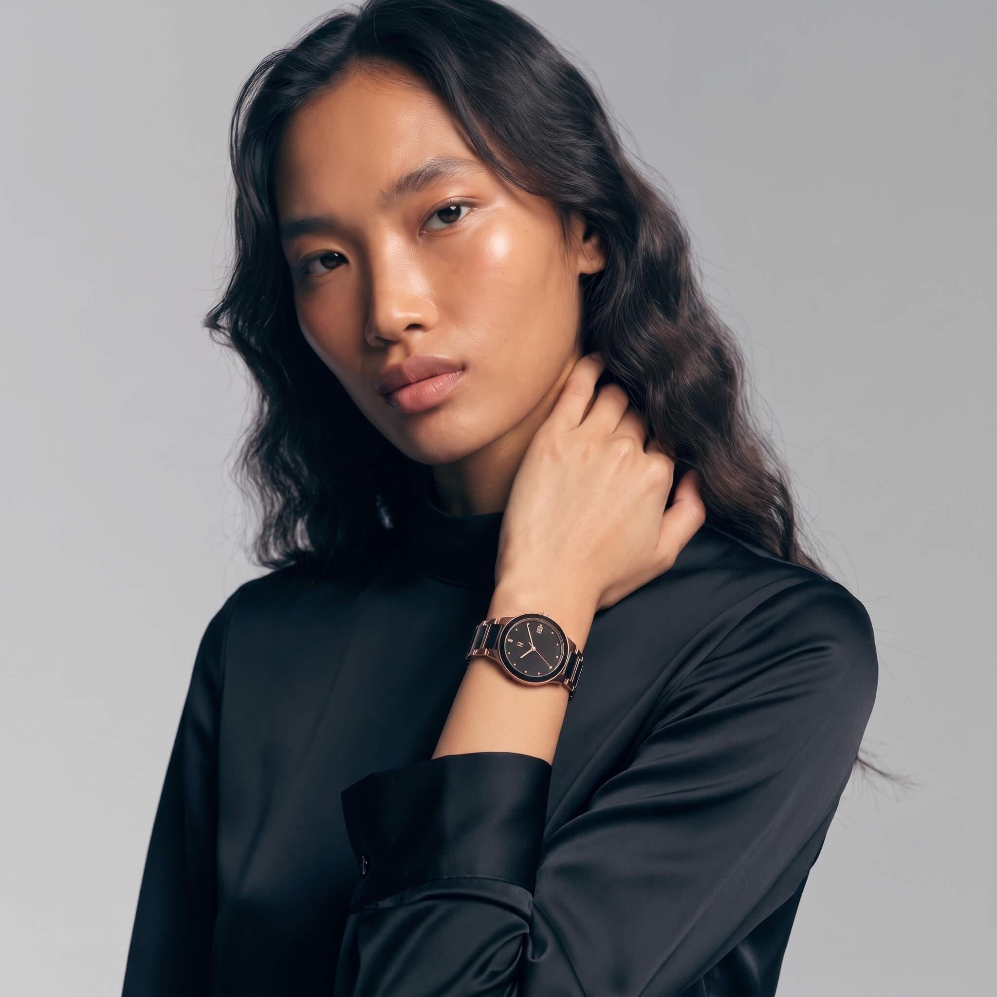 NCMPRBL Petite Link Miracle Quartz Ceramic Watch, 34mm, Black and Rose Gold