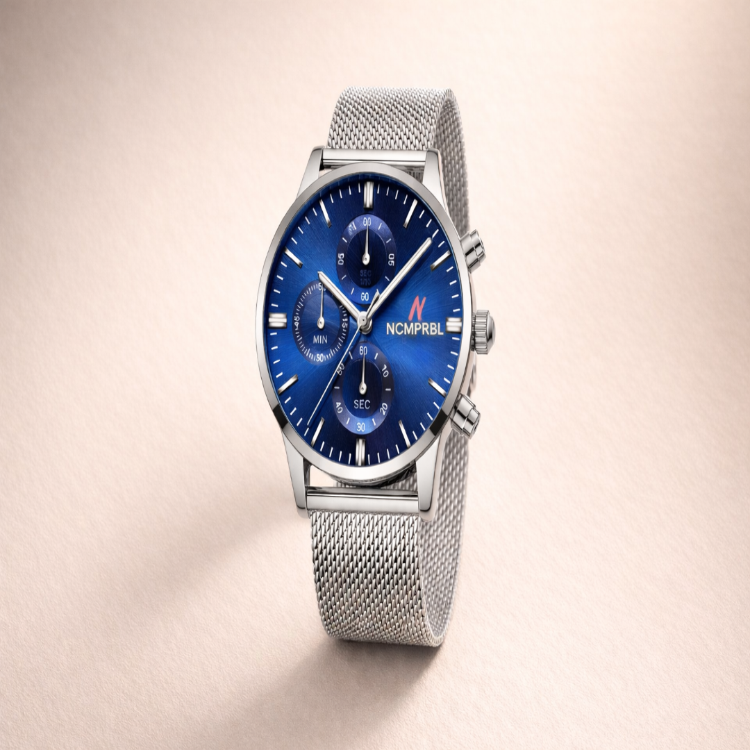 Blue Face Prolific 42 43MM Mens Chrono Mesh Watch In Silver/Blue - NCMPRBL
