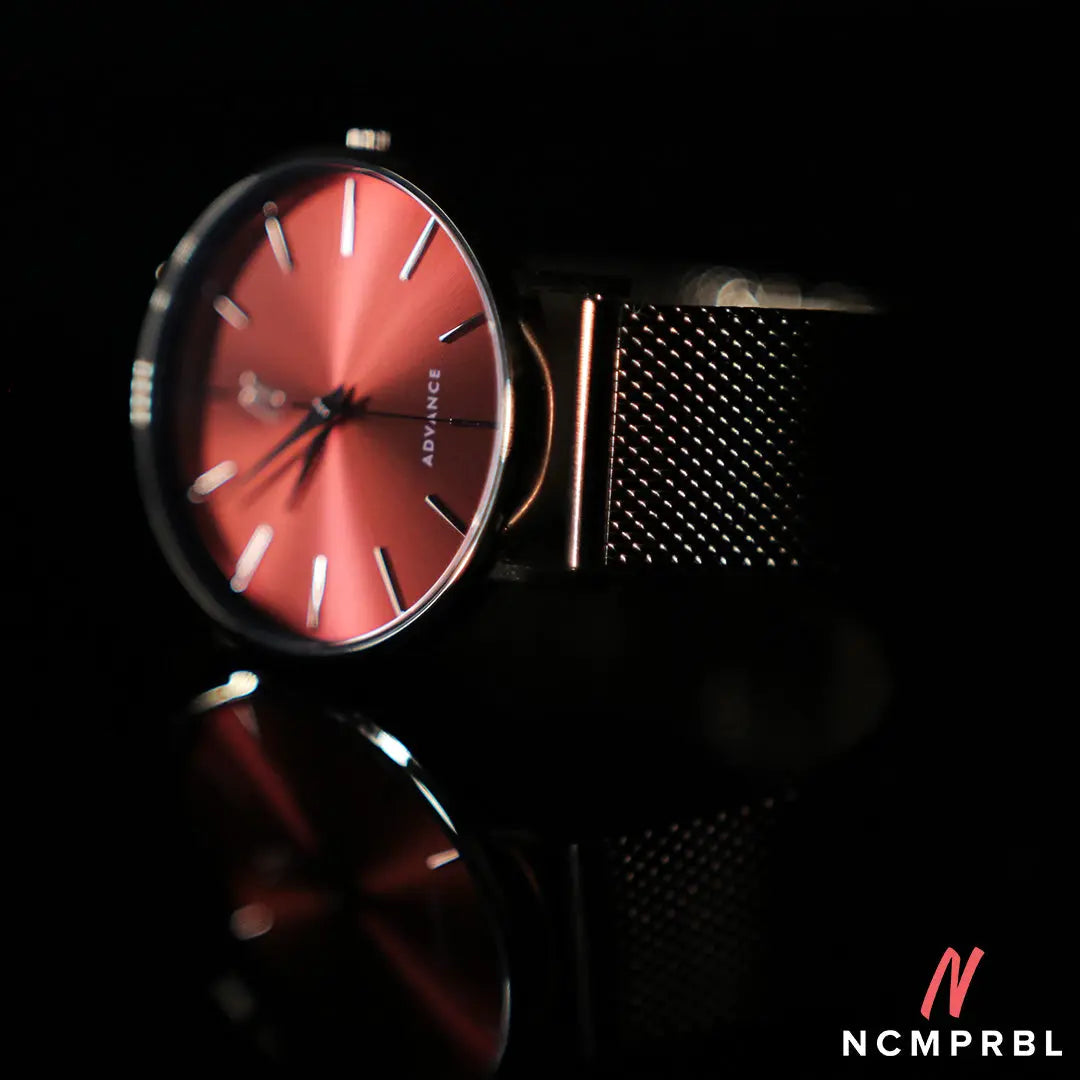 10-Style-Tips-How-To-Advance-Her-Look-With-Advance-XO-36MM-Unisex-Mesh-Watch-in-Rose-Gold-and-Red NCMPRBL