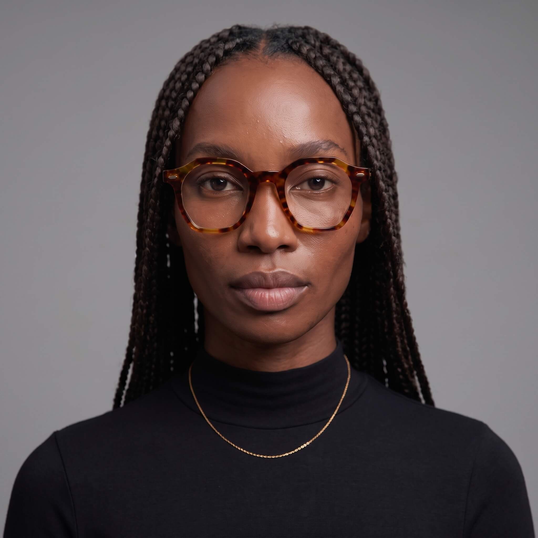 Dusk 46mm Brown Tortoise geometric eyeglasses on female model minimalist style