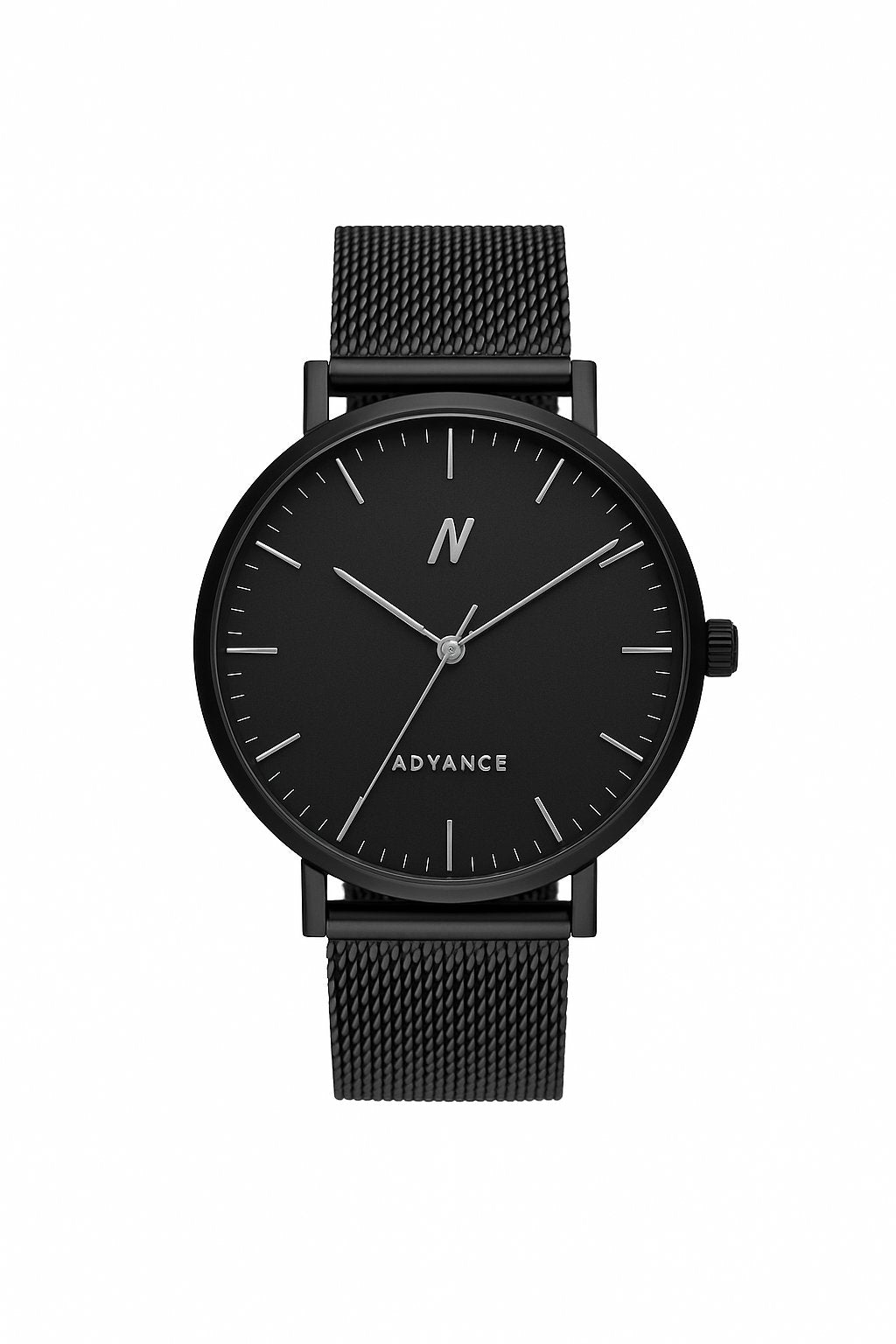 NCMPRBL Black Sands 40mm unisex mesh watch front facing on white background