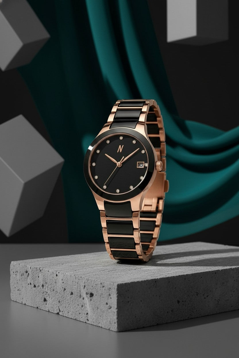 Women's luxury watches from NCMPRBL, showcasing refined stainless steel, ceramic, and mesh band designs.