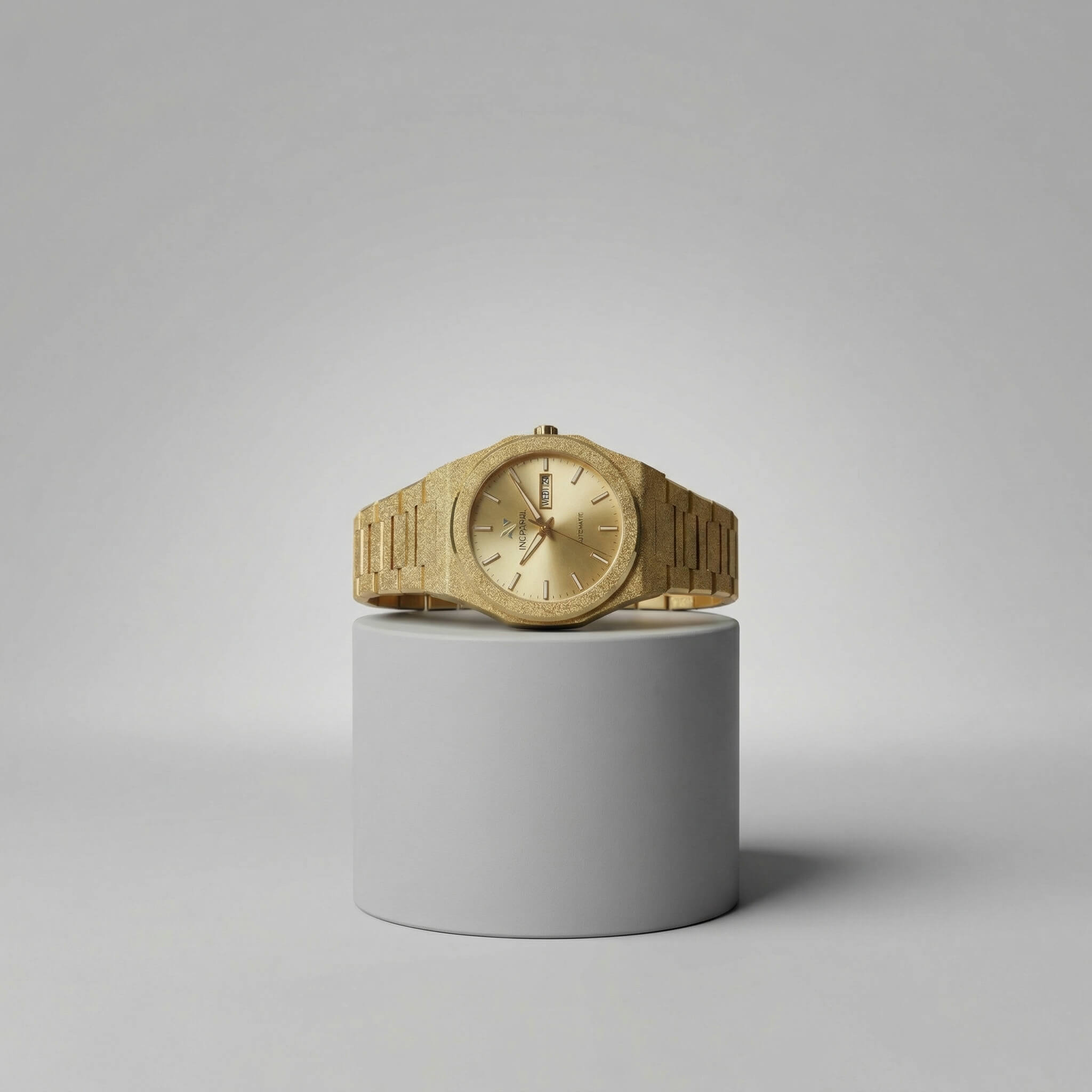 NCMPRBL Ascend Givré 40MM Frosted Gold Automatic Watch side view on gray stand, explore virtual try-on studio