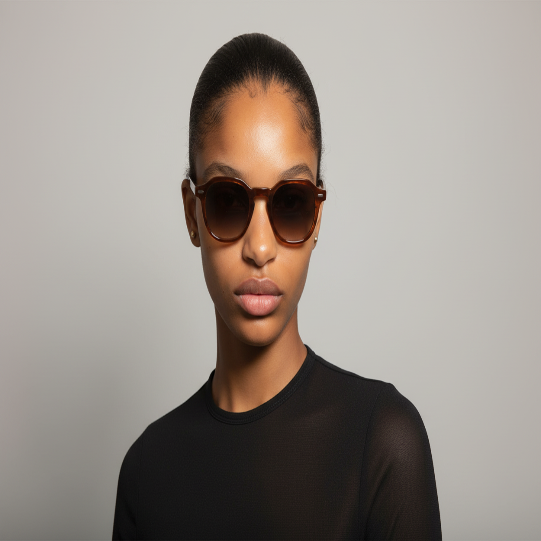 Woman wearing oakwood 46mm geometric eyeglasses with brown sunglasses tint and a black outfit against a gray background