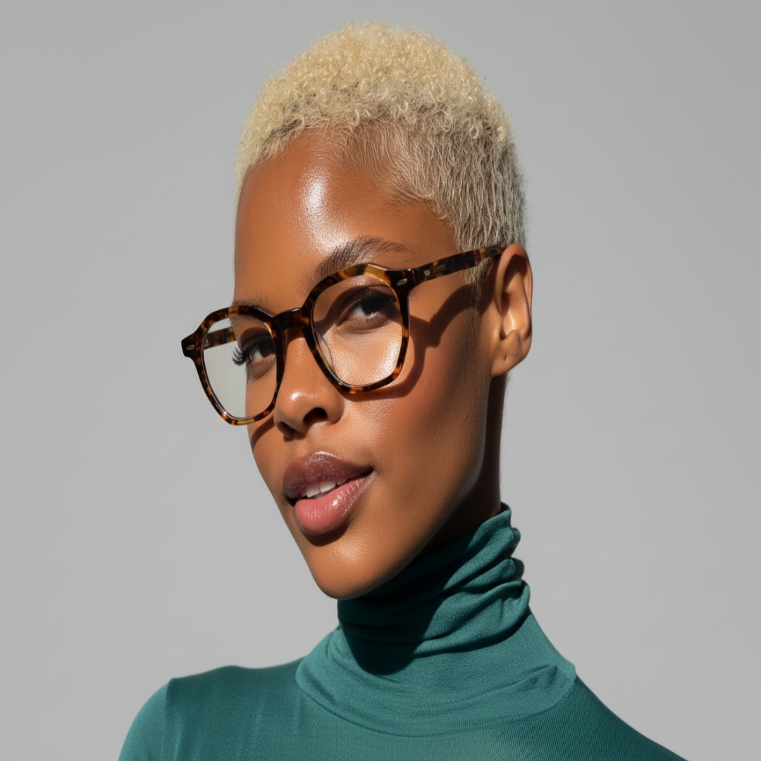 Woman wearing dusk 46mm geometric eyeglasses and a teal turtleneck against a gray background
