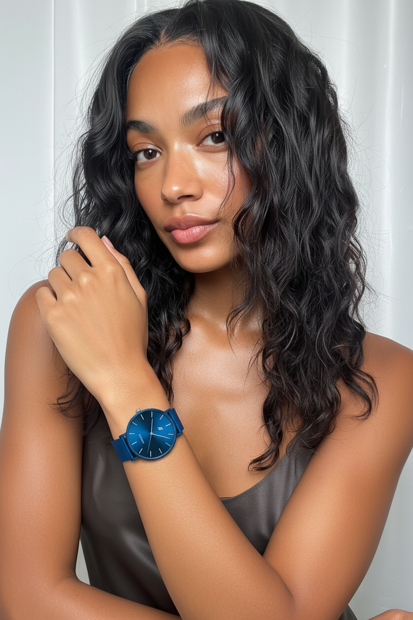 Woman wearing a blue watch on her wrist against a white background