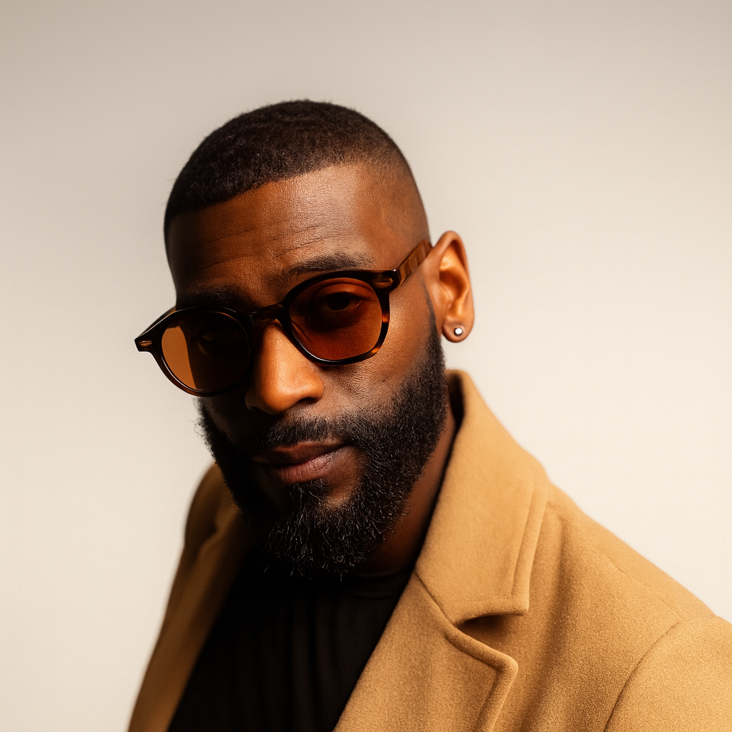 Man wearing dusk 46mm geometric eyeglasses in brown tortoise sunglasses and a tan coat against a neutral background