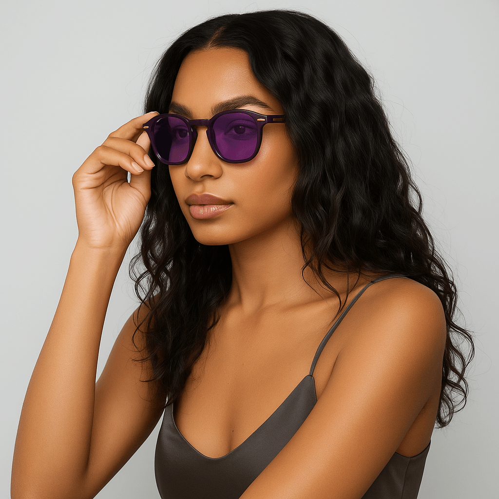 A woman with long, wavy black hair wearing haze 46mm geometric purple-tinted sunglasses and a dark brown spaghetti-strap top, posing against a solid light gray background.