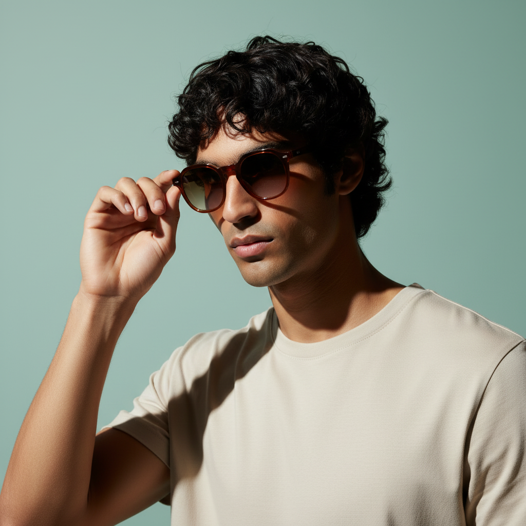Man wearing oakwood 46mm geometric eyeglasses with brown tinted sunglasses lenses and a beige shirt against a light green background