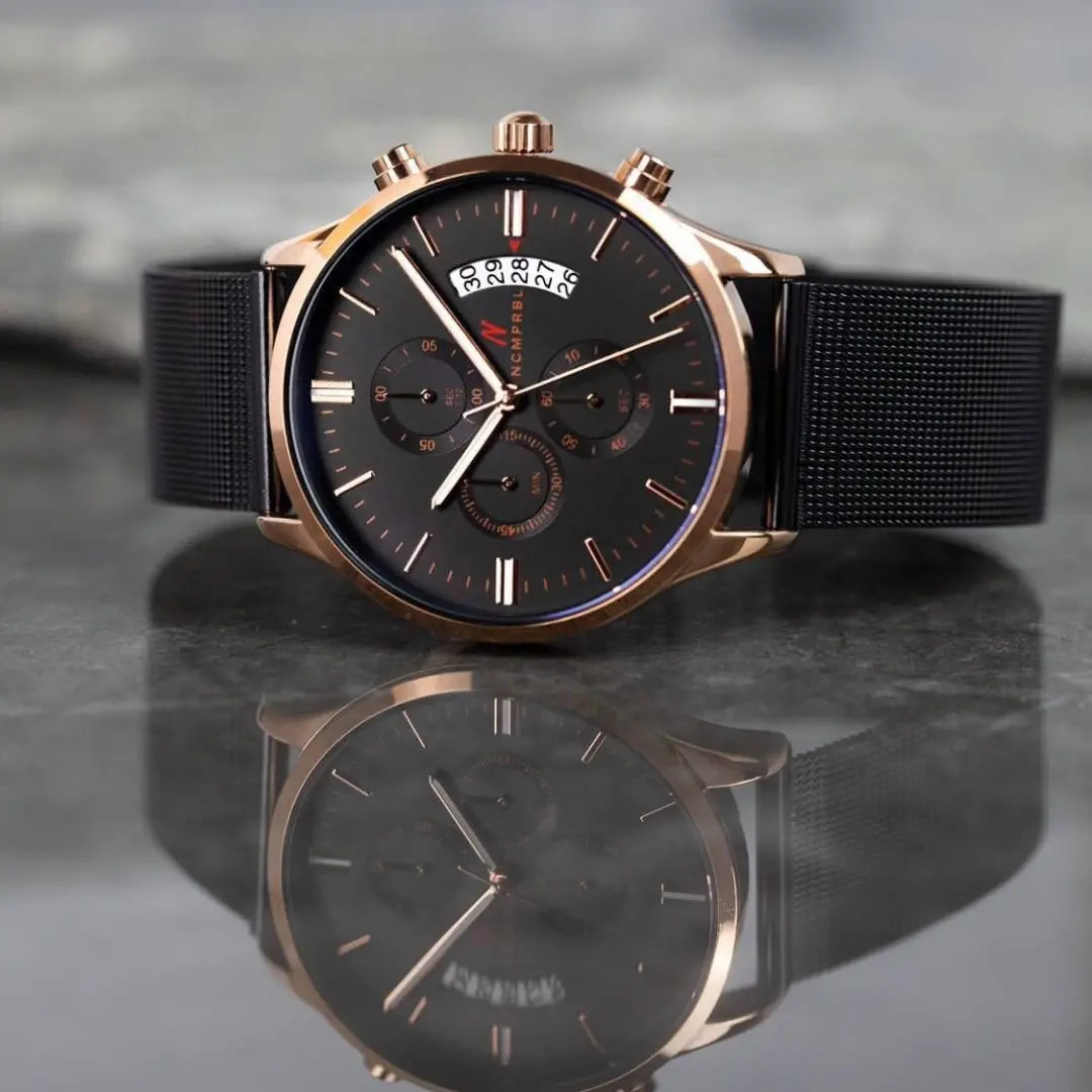 Chrono Black Rose 43MM Mens Chronograph Watch In Black/Rose Gold - NCMPRBL