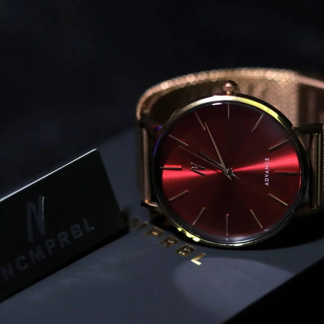 advance xo 36MM Unisex Mesh Watch in Rose Gold and Red