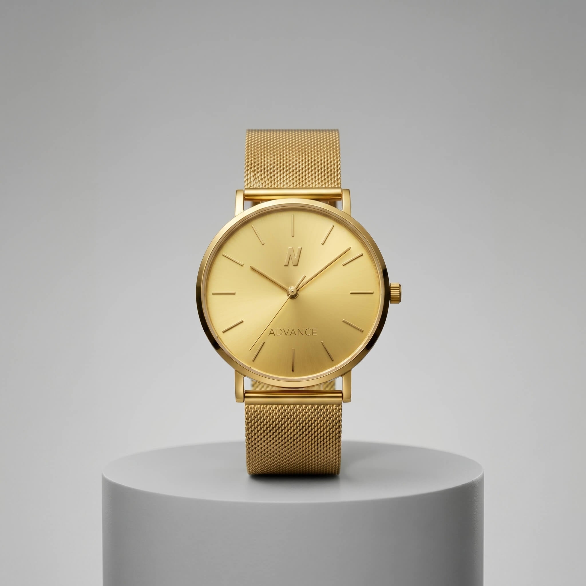 Gold watch on a gray pedestal with a gray background