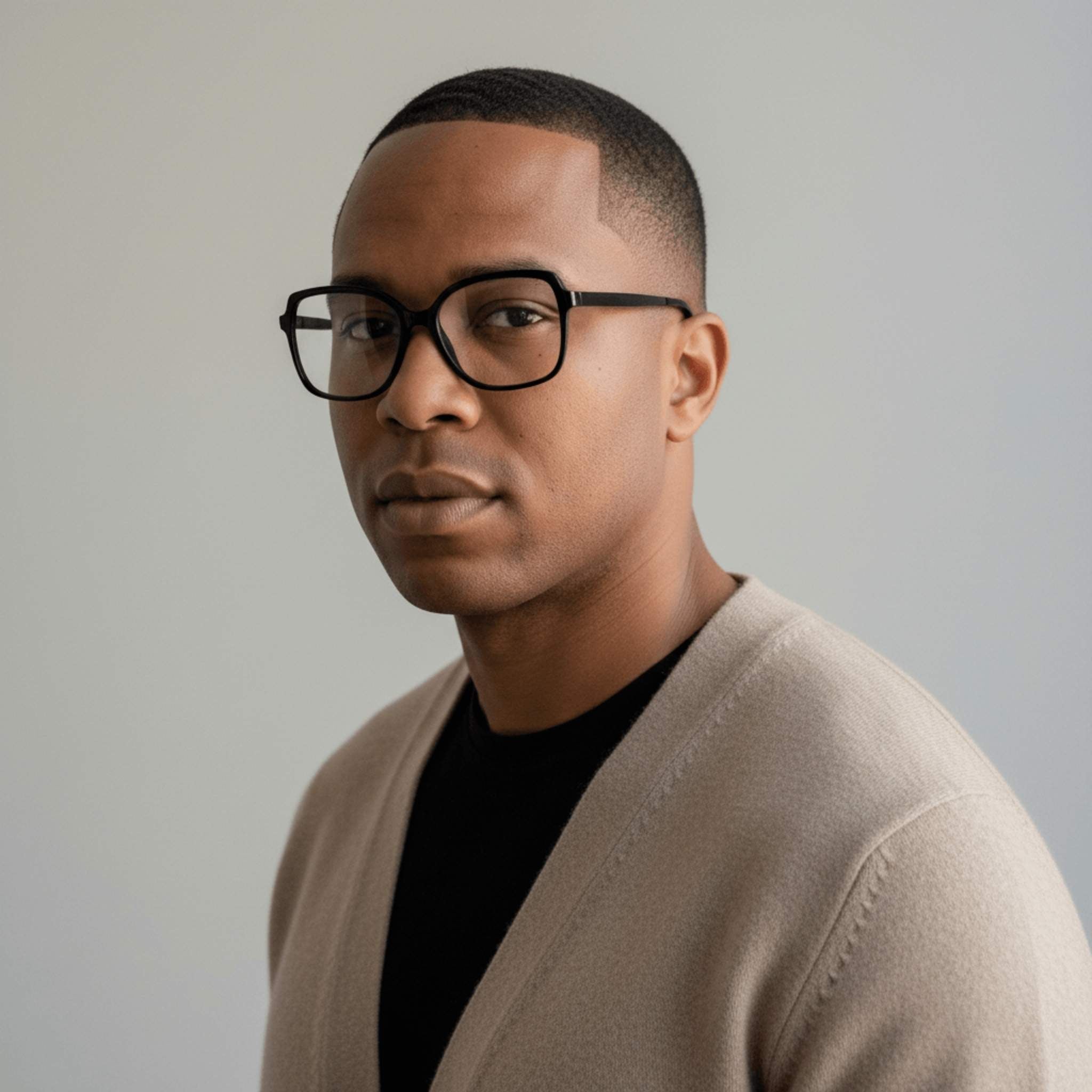 Man wearing glasses and a beige cardigan against a plain background
