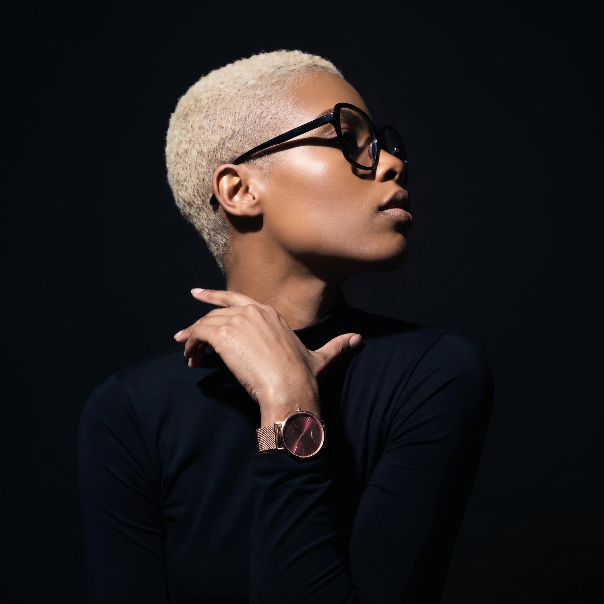 Unisex brown rose gold Advance Cocoa Quartz watch with chocolate dial and mesh strap with Black axis 01 onyx 53mm flat top aviator style eyeglasses with a double bridge and clear lenses