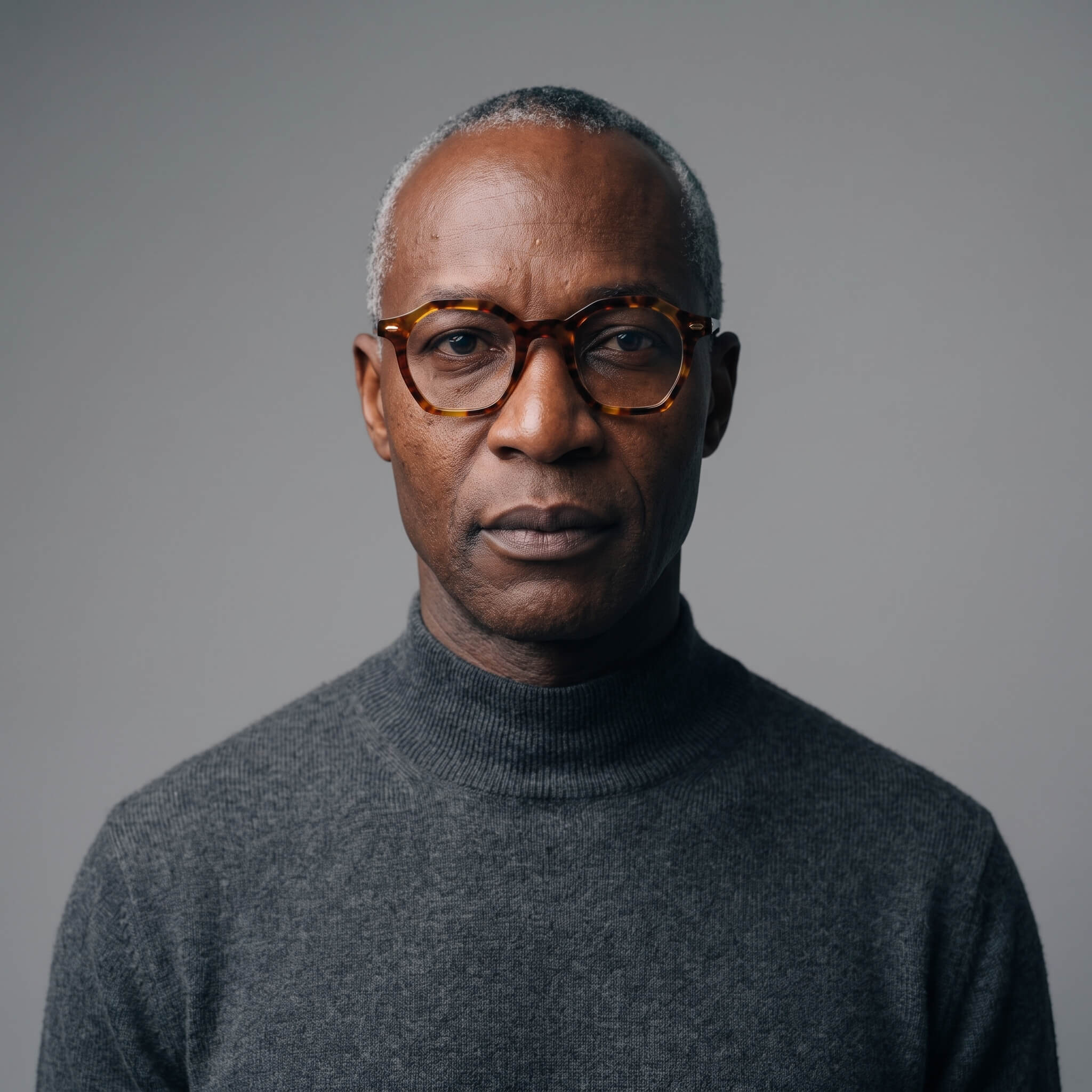 A close-up portrait of a man with short gray hair wearing tortoiseshell eyeglasses and a dark gray turtleneck sweater, set against a solid gray background.